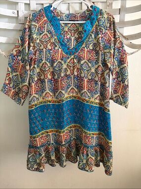 Tolani Silk, Paisley Mixed-Print Tunic in Teal and Multi